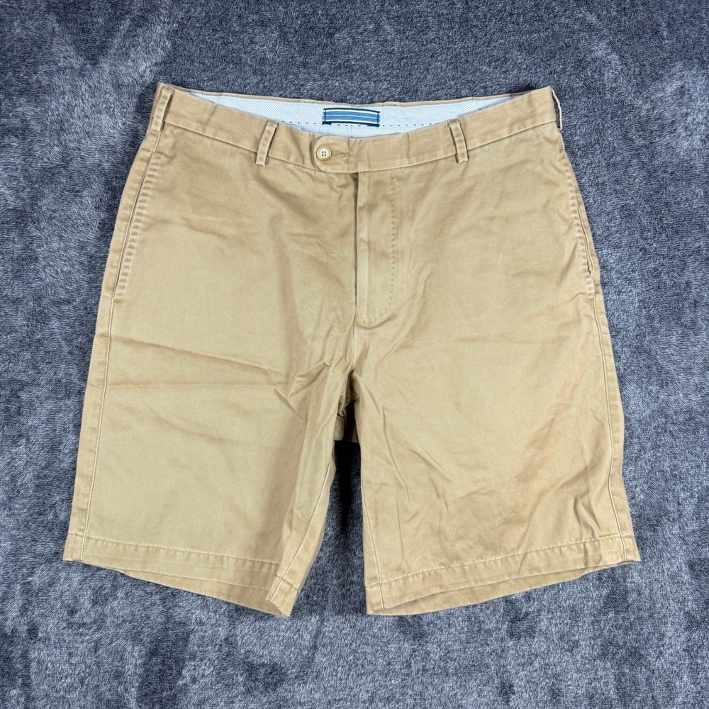 Peter Millar Mens Khaki Chino Shorts Size 34 Tan Flat Front Cotton Casual Golf